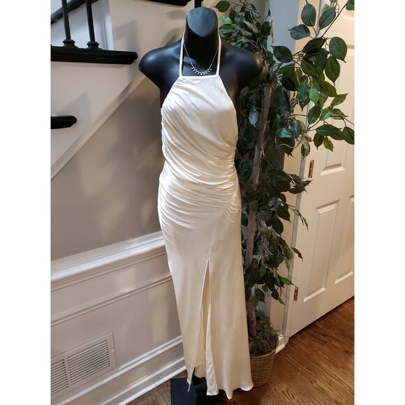 Mable Maxi Dress Women's S Beige Lined Satin Ruched Front Ankle Slit Halter Neck - Picture 1 of 13